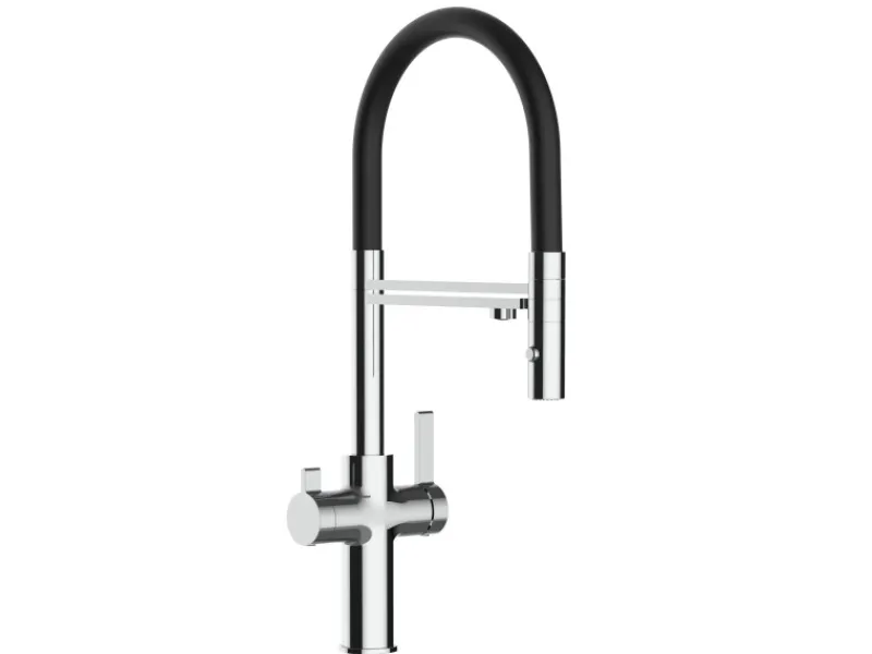 Discount VIZIO 4 Wege Wasserhahn Küchenarmatur FC mit 360° Schwenkbarem Auslauf Abnehmbare 2 Strahl Handbrause Verchromt Schwarz