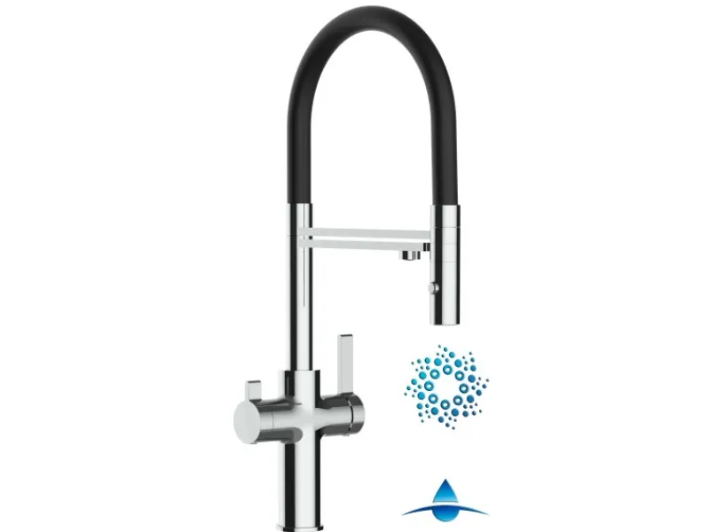 Discount VIZIO 4 Wege Wasserhahn Küchenarmatur FC mit 360° Schwenkbarem Auslauf Abnehmbare 2 Strahl Handbrause Verchromt Schwarz