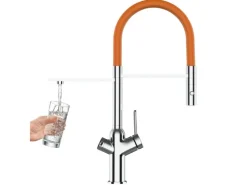 VIZIO 3 Wege Wasserhahn Küchenarmatur BOD mit 360° Schwenkbarem Auslauf Abnehmbare 2 Strahl Handbrause Verchromt   Orange< Einhebelmischer