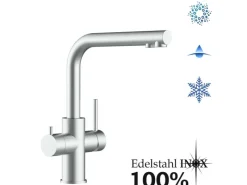 VIZIO Kurzversion 5 Wege Wasserhahn Küchenarmatur Edelstahl Massiv mit 360° Schwenkbarem L Auslauf Gebürstet< Einhebelmischer