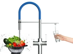 Einhebelmischer<VIZIO NIEDERDRUCK 3 Wege Wasserhahn Küchenarmatur FC mit 360° Schwenkbarem Auslauf Abnehmbare 2 Strahl Handbrause Verchromt   Blau