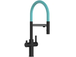VIZIO NIEDERDRUCK 3 Wege Wasserhahn Küchenarmatur FC mit 360° Schwenkbarem Auslauf Abnehmbare 2 Strahl Handbrause Schwarz Matt   Türkis< Einhebelmischer