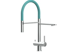 VIZIO Niederdruck 3 Wege Wasserhahn Küchenarmatur Edelstahl Massiv mit 360° Schwenkbarem Auslauf Abnehmbare 2 Strahl Handbrause Gebürstet   Türkis< Einhebelmischer