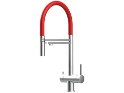 VIZIO NIEDERDRUCK 3 Wege Wasserhahn Küchenarmatur Edelstahl Massiv mit 360° Schwenkbarem Auslauf Abnehmbare 2 Strahl Handbrause Gebürstet   Rot< Einhebelmischer
