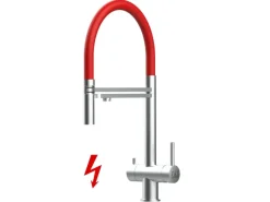 VIZIO NIEDERDRUCK 3 Wege Wasserhahn Küchenarmatur Edelstahl Massiv mit 360° Schwenkbarem Auslauf Abnehmbare 2 Strahl Handbrause Gebürstet   Rot< Einhebelmischer