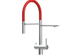 VIZIO NIEDERDRUCK 3 Wege Wasserhahn Küchenarmatur Edelstahl Massiv mit 360° Schwenkbarem Auslauf Abnehmbare 2 Strahl Handbrause Gebürstet   Rot< Einhebelmischer