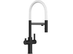 VIZIO NIEDERDRUCK 3 Wege Wasserhahn Küchenarmatur FC mit 360° Schwenkbarem Auslauf Abnehmbare 2 Strahl Handbrause Schwarz Matt   Weiß< Einhebelmischer