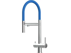 Einhebelmischer<VIZIO NIEDERDRUCK 3 Wege Wasserhahn Küchenarmatur Edelstahl Massiv mit 360° Schwenkbarem Auslauf Abnehmbare 2 Strahl Handbrause Gebürstet Blau
