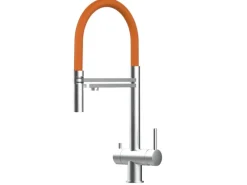 VIZIO NIEDERDRUCK 3 Wege Wasserhahn Küchenarmatur Edelstahl Massiv mit 360° Schwenkbarem Auslauf Abnehmbare 2 Strahl Handbrause Gebürstet   Orange< Einhebelmischer