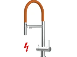 VIZIO NIEDERDRUCK 3 Wege Wasserhahn Küchenarmatur Edelstahl Massiv mit 360° Schwenkbarem Auslauf Abnehmbare 2 Strahl Handbrause Gebürstet   Orange< Einhebelmischer