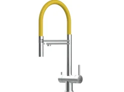 Einhebelmischer<VIZIO NIEDERDRUCK 3 Wege Wasserhahn Küchenarmatur Edelstahl Massiv mit 360° Schwenkbarem Auslauf Abnehmbare 2 Strahl Handbrause Gebürstet Gelb