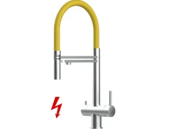 Einhebelmischer<VIZIO NIEDERDRUCK 3 Wege Wasserhahn Küchenarmatur Edelstahl Massiv mit 360° Schwenkbarem Auslauf Abnehmbare 2 Strahl Handbrause Gebürstet   Gelb