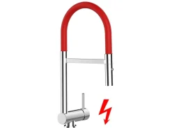 Einhebelmischer<VIZIO NIEDERDRUCK Wasserhahn Vorfenster Küchenarmatur Umklappbar 6 CM mit 360° Schwenkbarem Auslauf Abnehmbare 2 Strahl Handbrause Verchromt   Rot