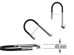 Einhebelmischer<VIZIO Wasserhahn Vorfenster Küchenarmatur Umklappbar 45 CM mit 360° Schwenkbarem Auslauf Abnehmbare 2 Strahl Handbrause Chrom und Schwarz Matt