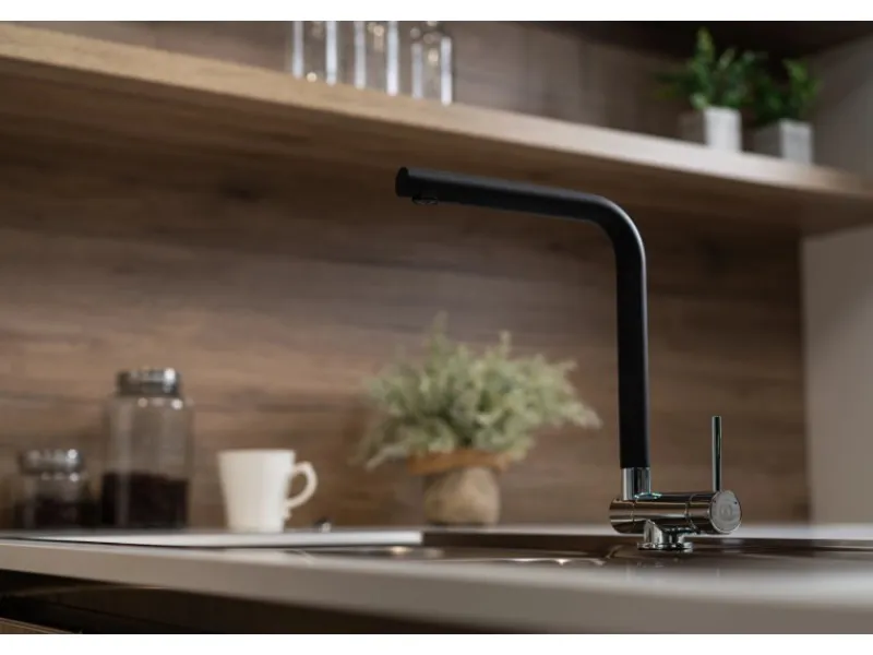 VIZIO Wasserhahn Vorfenster Küchenarmatur Umklappbar 45 CM mit 360° Schwenkbarem L Auslauf Verchromt Schwarz Granit< Einhebelmischer