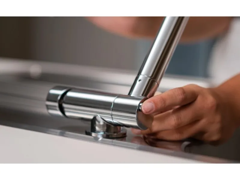 VIZIO Wasserhahn Vorfenster Küchenarmatur Umklappbar 45 CM mit 360° Schwenkbarem L Auslauf Verchromt Schwarz Granit< Einhebelmischer