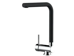 Einhebelmischer<VIZIO Wasserhahn Vorfenster Küchenarmatur Umklappbar 6 CM LINKER HEBEL mit 360° Schwenkbarem L Auslauf Verchromt Schwarz Granit