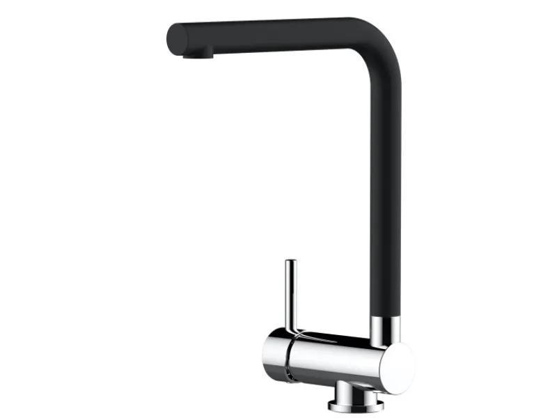Einhebelmischer<VIZIO Wasserhahn Vorfenster Küchenarmatur Umklappbar 6 CM LINKER HEBEL mit 360° Schwenkbarem L Auslauf Verchromt Schwarz Granit