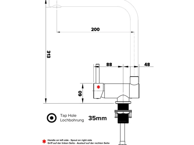 Einhebelmischer<VIZIO Wasserhahn Vorfenster Küchenarmatur Umklappbar 6 CM LINKER HEBEL mit 360° Schwenkbarem L Auslauf Verchromt