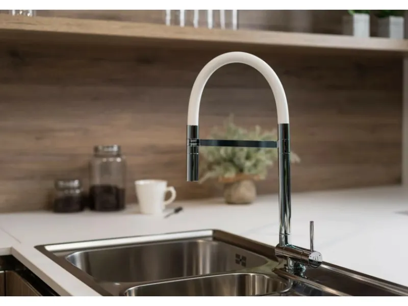 VIZIO Wasserhahn Vorfenster Küchenarmatur Umklappbar 45 CM mit 360° Schwenkbarem Auslauf Abnehmbare 2 Strahl Handbrause Verchromt Weiß< Einhebelmischer