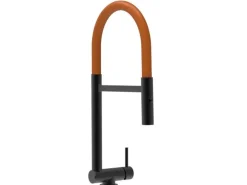 Einhebelmischer<VIZIO Wasserhahn Vorfenster Küchenarmatur Umklappbar 45 CM mit 360° Schwenkbarem Auslauf Abnehmbare 2 Strahl Handbrause Schwarz Matt Orange