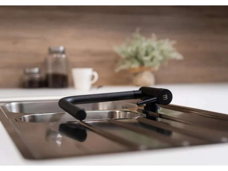 VIZIO Wasserhahn Vorfenster Küchenarmatur Umklappbar 45 CM mit 360° Schwenkbarem L Auslauf Schwarz Matt< Einhebelmischer