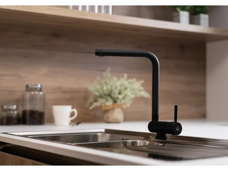 VIZIO Wasserhahn Vorfenster Küchenarmatur Umklappbar 45 CM mit 360° Schwenkbarem L Auslauf Schwarz Matt< Einhebelmischer
