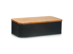 New Zeller Brotkasten Metall mit Bambusdeckel 42,5 cm x 23 cm x 12,3 cm Matt Schwarz