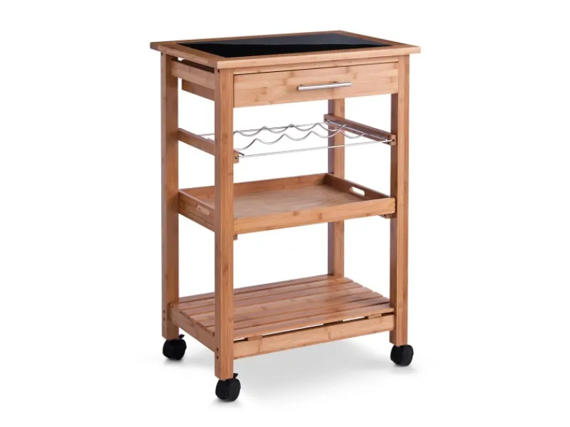 New Zeller Küchenrollwagen Bambus mit Glas-Top 58 cm x 40 cm x 85 cm Natur