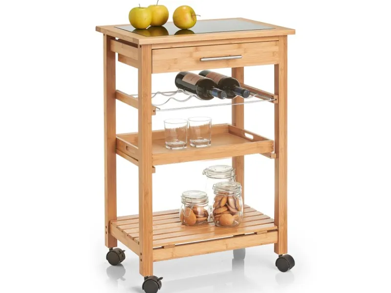 New Zeller Küchenrollwagen Bambus mit Glas-Top 58 cm x 40 cm x 85 cm Natur